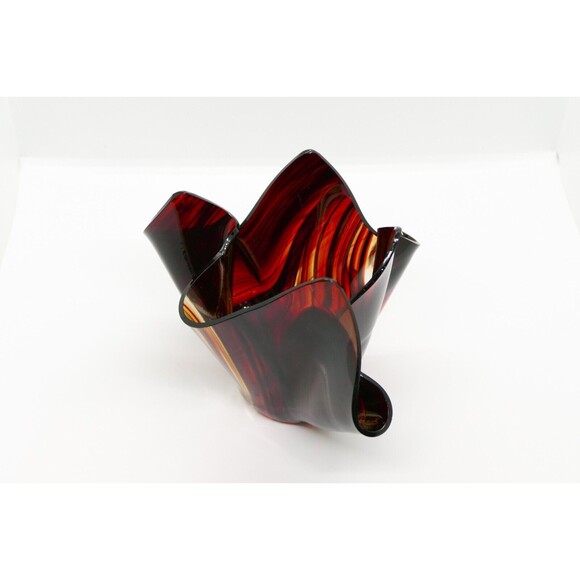 Vintage Handkerchief Art Glass Bowl Vase Red Wave Stripe Paper Folded Handmade - Picture 6 of 10